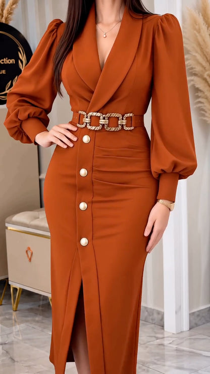 Rust Shawl-Collar Balloon-Sleeve Button Midi Dress