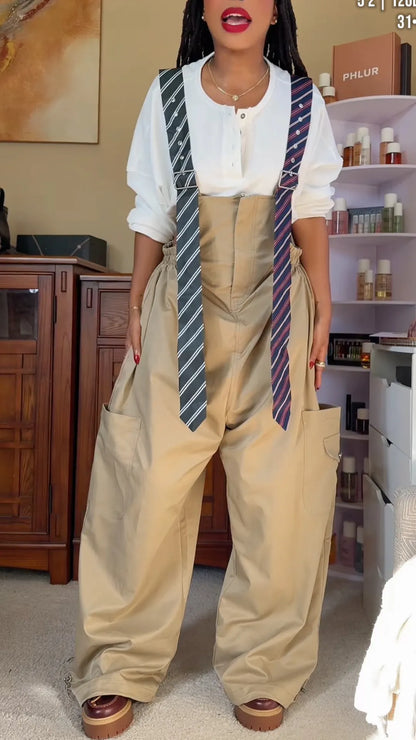 Khaki High-Waisted Cargo Overalls