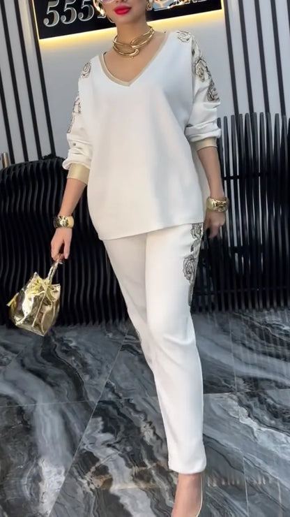 Ivory Gold-Floral V-Neck Top and Tapered Pants Set