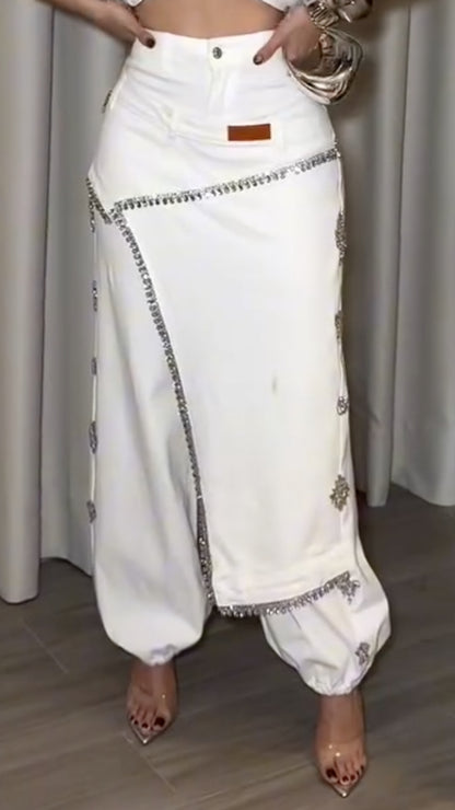 Ivory Rhinestone-Trim Overlay Harem Pants