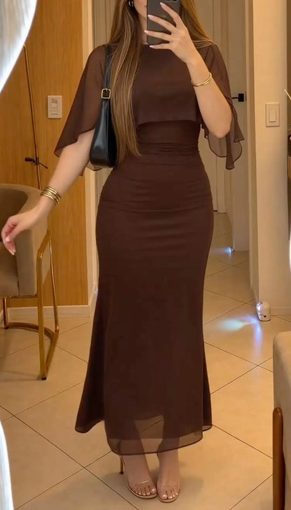 Chocolate Sheer-Cape Ruched Maxi Dress
