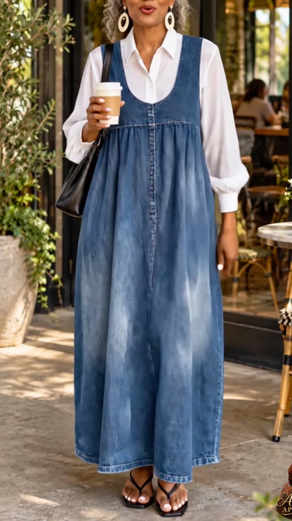 Blue Scoop-Neck Denim Pinafore Maxi Dress