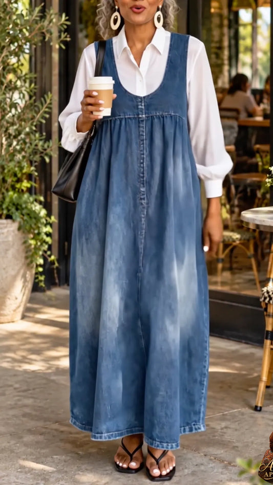 Blue Scoop-Neck Denim Pinafore Maxi Dress