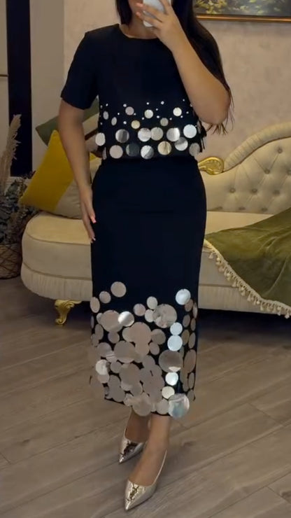 Black Gold-Disc Top and Midi Skirt Set
