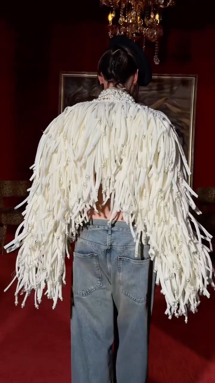 Ivory Pearl-Trim Fringe Statement Jacket