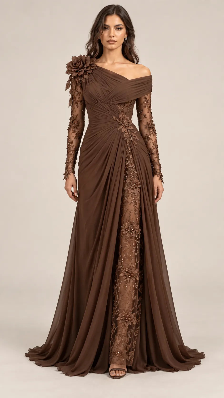 Chocolate Floral-Applique Draped Evening Gown