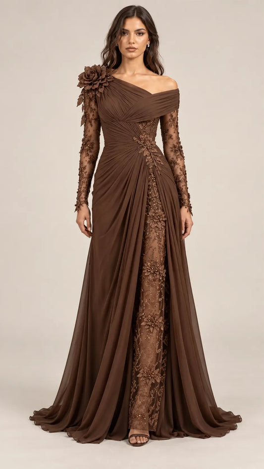 Chocolate Floral-Applique Draped Evening Gown