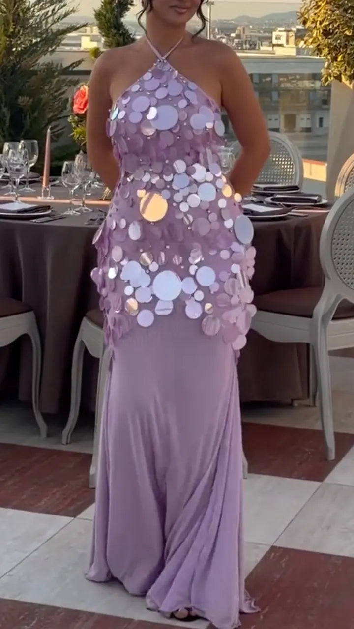 Lilac Disc-Embellished Halter Maxi Dress