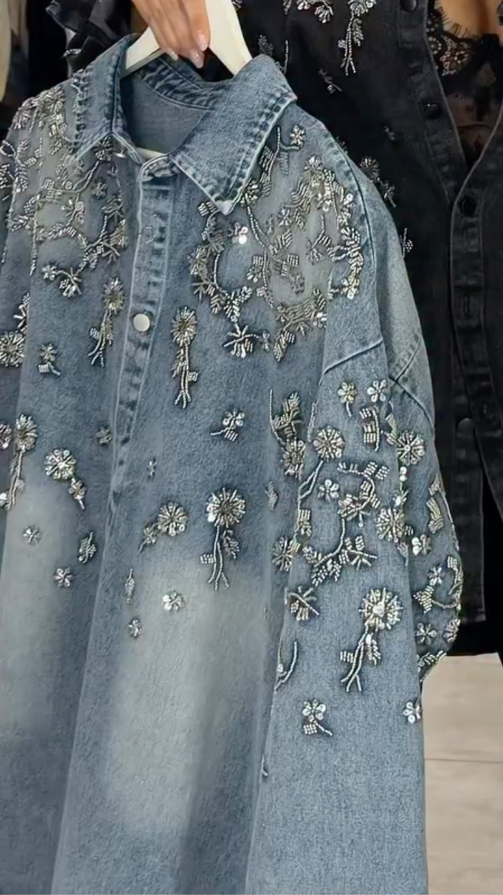 Charcoal Floral-Embellished Relaxed Denim Shirt