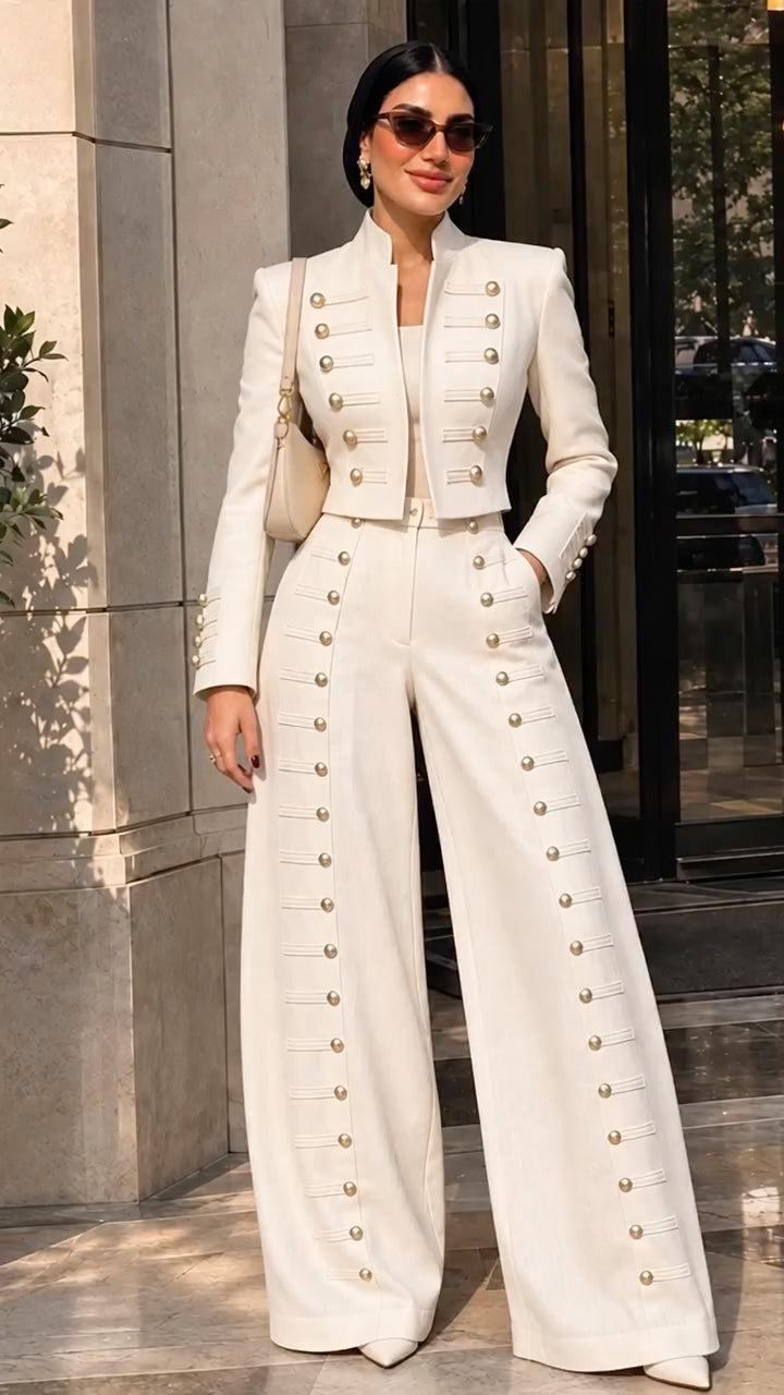 Ivory Military-Button Cropped Jacket and Wide-Leg Pants Set
