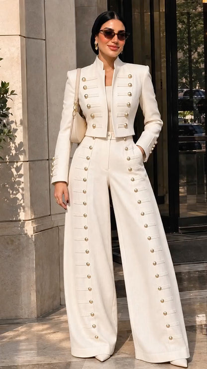Ivory Military-Button Cropped Jacket and Wide-Leg Pants Set