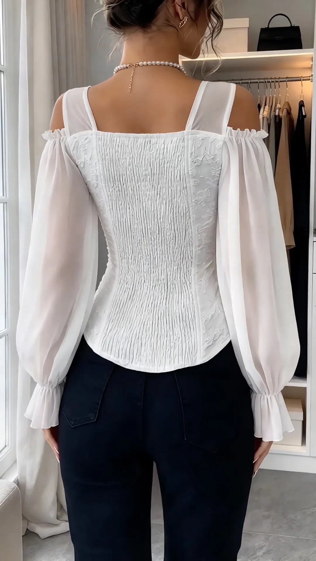 White Floral Corset-Style Cold-Shoulder Blouse