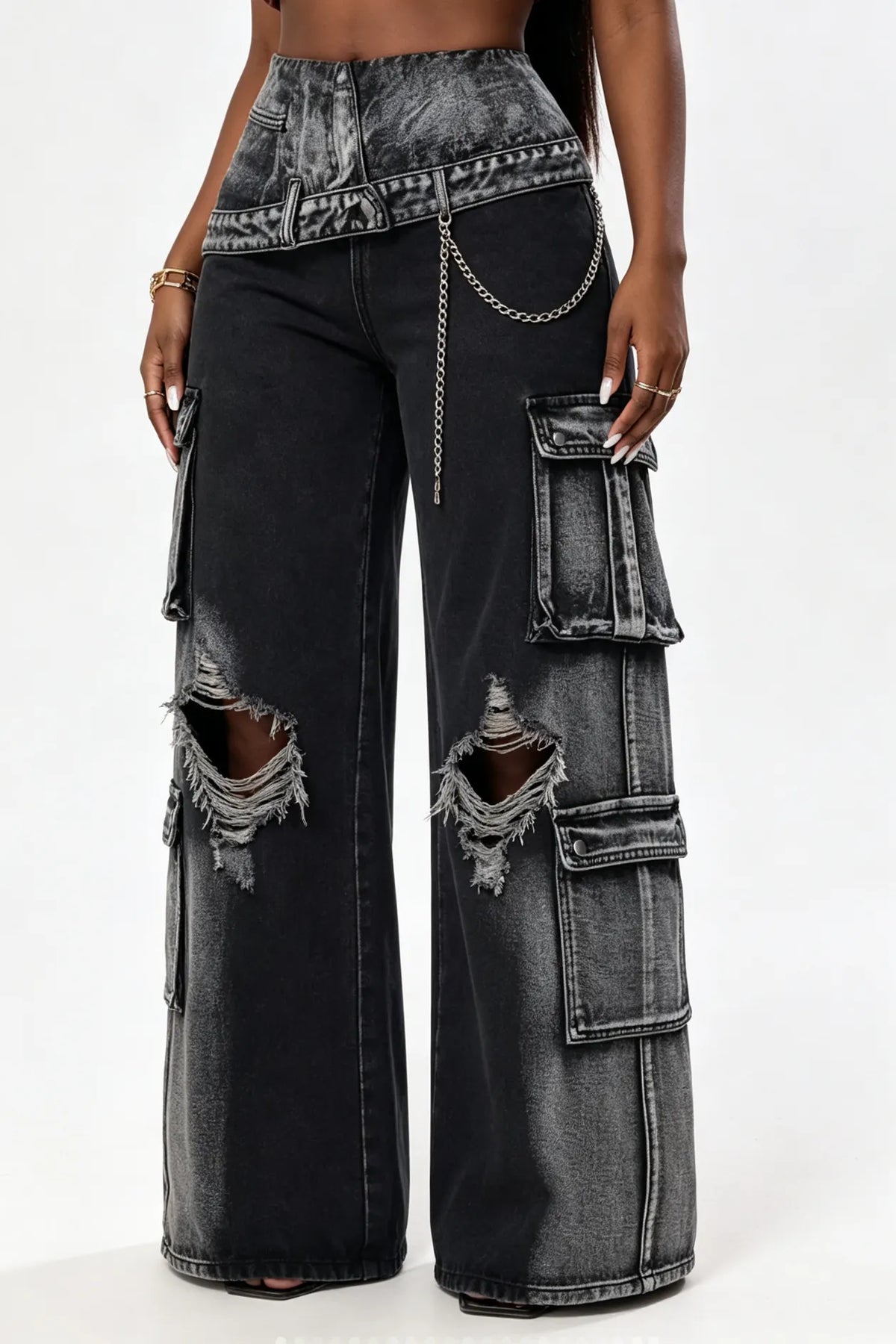 Black Acid-Wash Layered-Waist Distressed Cargo Jeans