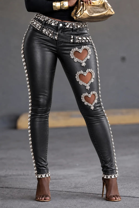 Rhinestone Heart-Cutout Layered-Waist Skinny Pants