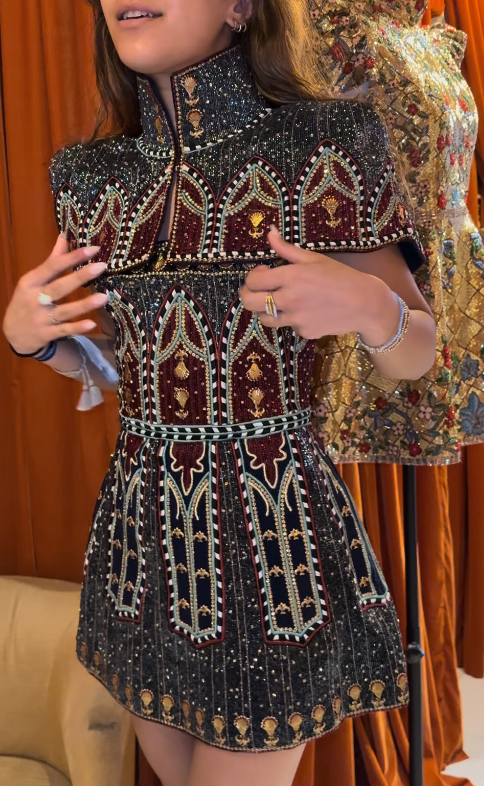 Embellished Cape-Shoulder Mini Dress