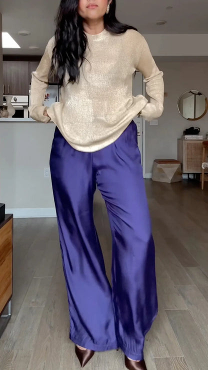 Metallic Knit Top & Satin Wide-Leg Pants Set