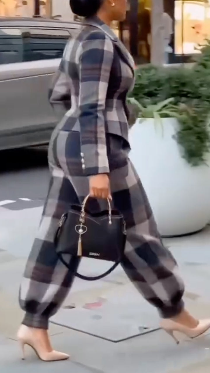 Gray Oversized-Check Peplum Blazer and Balloon Pants Set