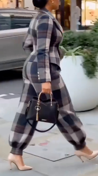 Gray Oversized-Check Peplum Blazer and Balloon Pants Set