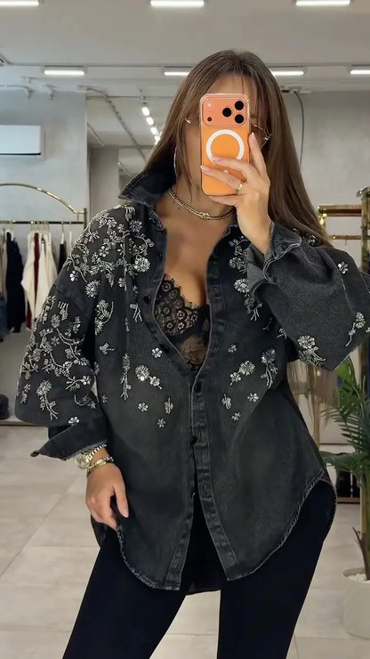 Charcoal Floral-Embellished Oversized Denim Shirt