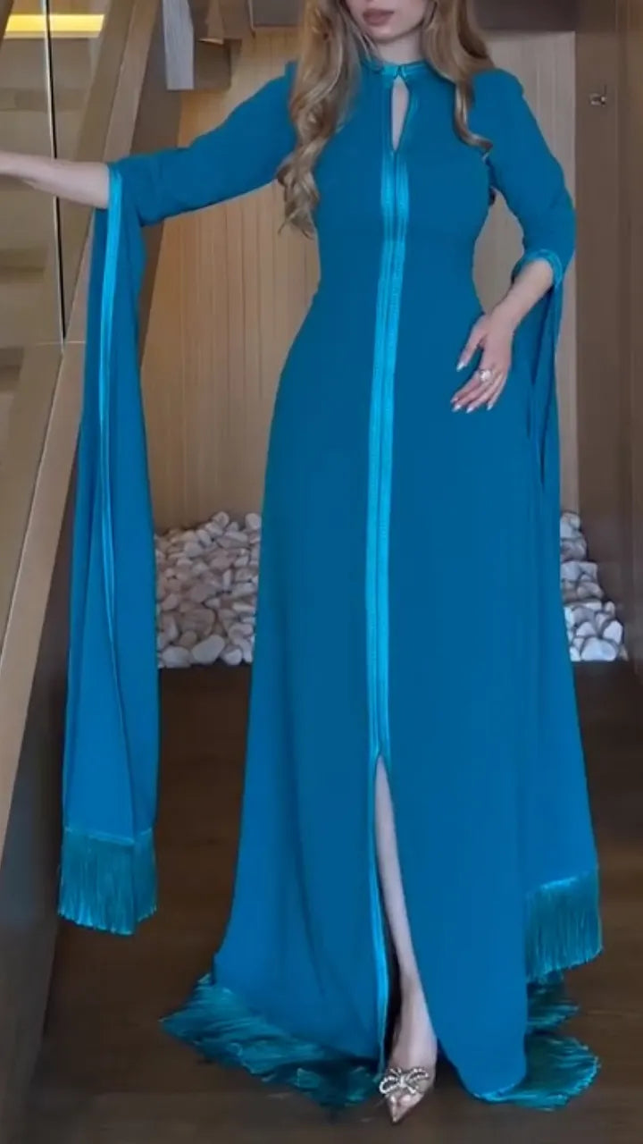 Teal Fringe-Trim Cape-Sleeve Maxi Dress