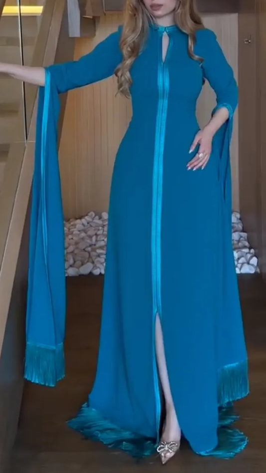 Teal Fringe-Trim Cape-Sleeve Maxi Dress