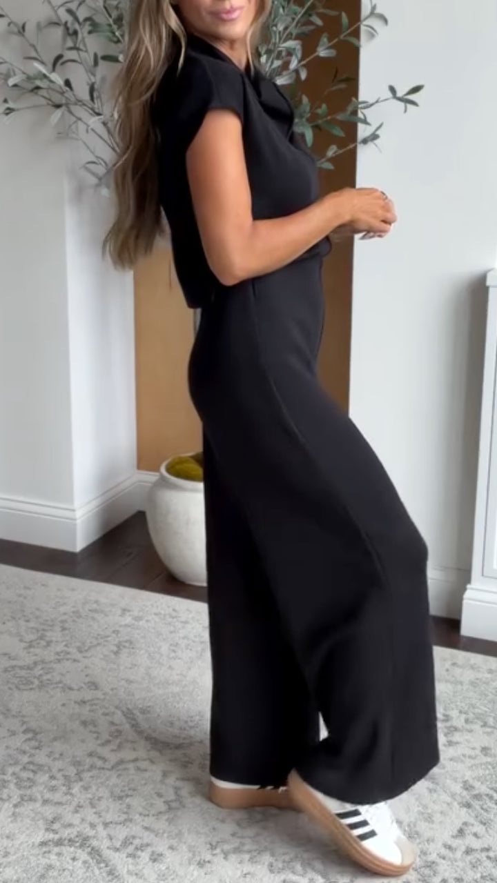 Black Asymmetric-Collar Top & Wide-Leg Pants Set