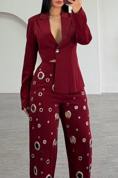 Burgundy Asymmetric Blazer and Grommet Pants Set