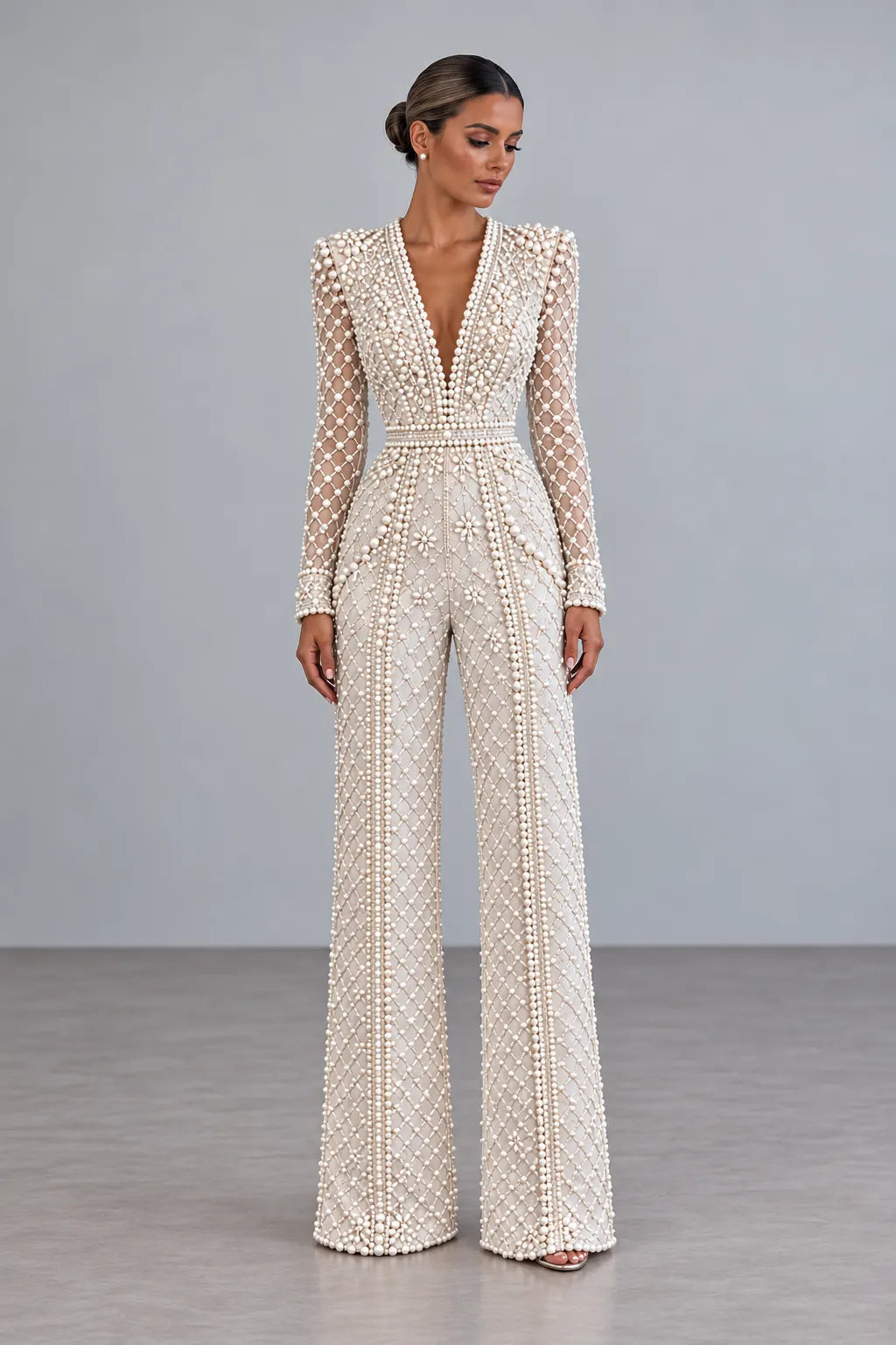 Ivory Pearl-Lattice Deep-V Wide-Leg Jumpsuit