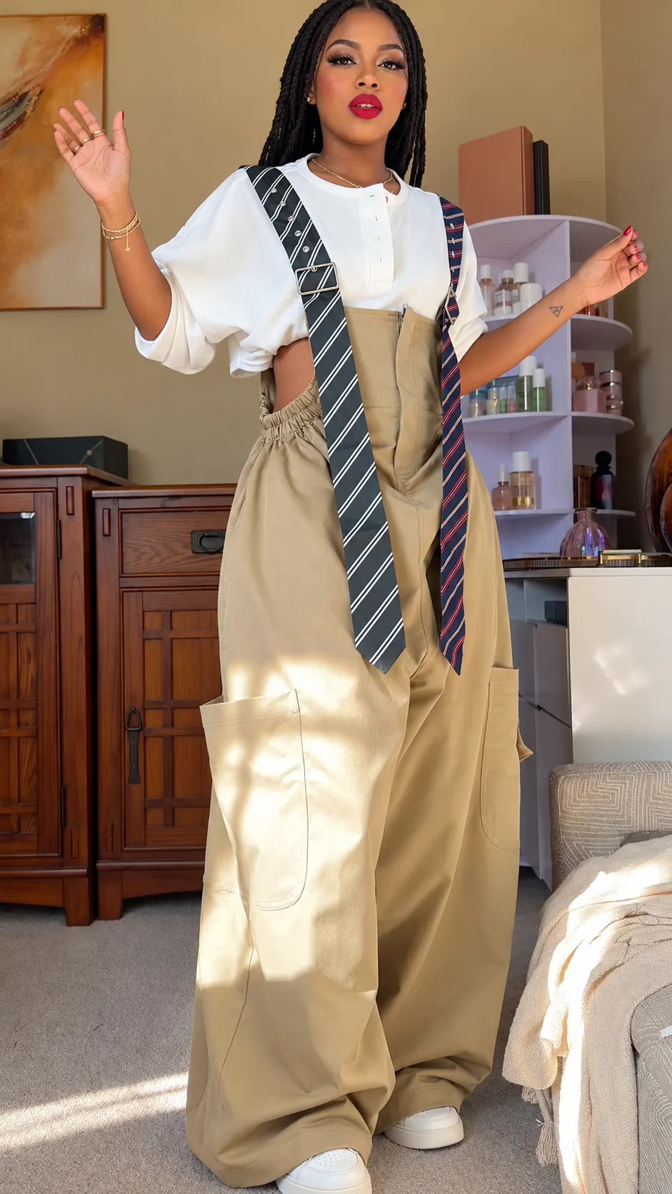 Khaki High-Waisted Cargo Overalls