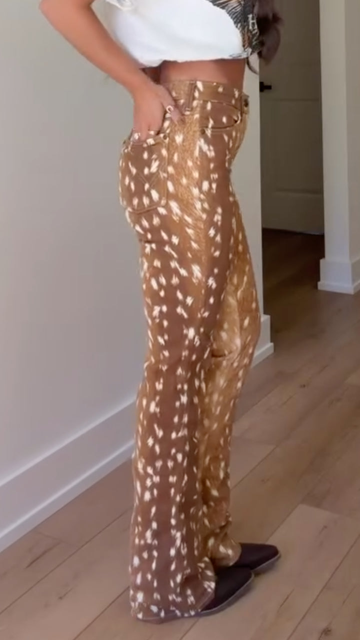 Tan Spotted-Print Flared Pants