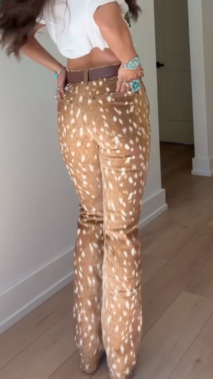 Tan Spotted-Print Flared Pants