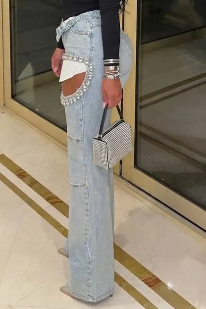 Crystal-Trim Thigh-Cutout Light-Wash Wide-Leg Jeans