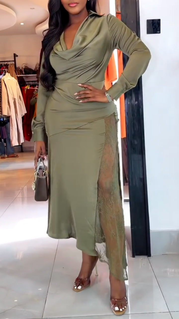 Olive Cowl-Neck Draped Lace-Insert Midi Dress