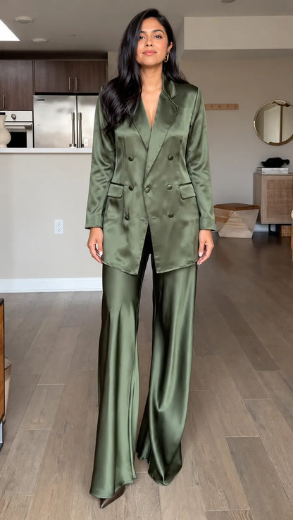 Olive Satin-Look Longline Shirt and Wide-Leg Pants Set