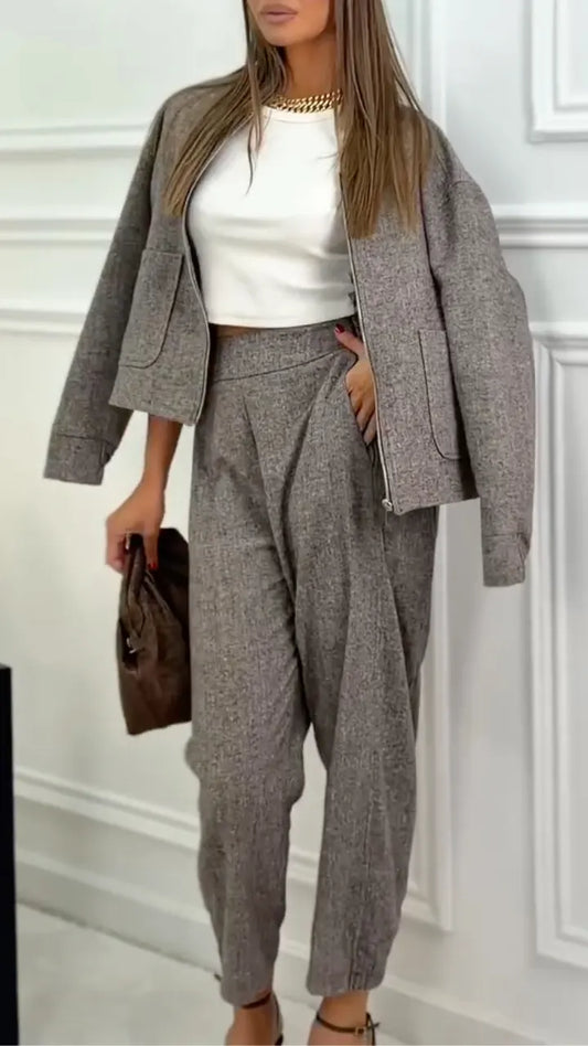 Textured Cropped Jacket & Tapered Pants Set