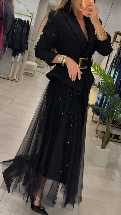 Black Tailored Peplum Jacket and Sparkle Tulle Skirt Set