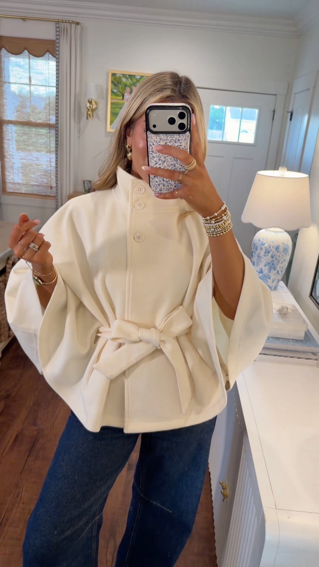 Chocolate Stand-Collar Tie-Waist Cape Jacket