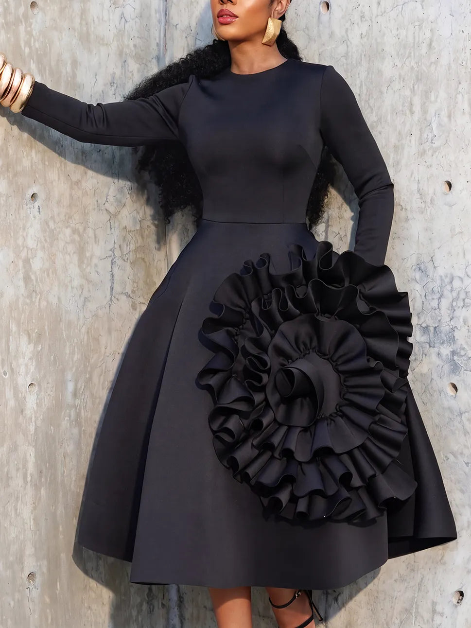 Sculptural Rosette Fit-and-Flare Midi Dress