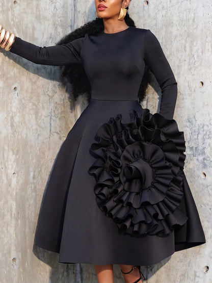 Sculptural Rosette Fit-and-Flare Midi Dress