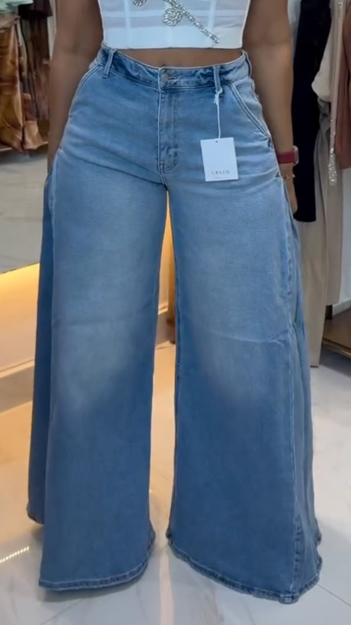 Light-Wash Paneled Extra-Wide-Leg Jeans