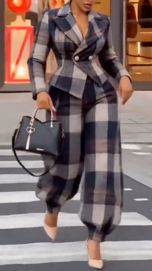 Gray Oversized-Check Peplum Blazer and Balloon Pants Set