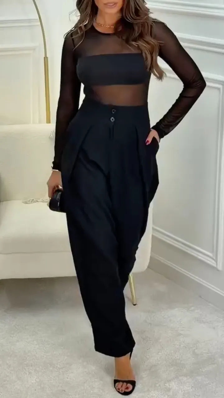 Black Sheer Mesh Top & High-Waisted Wide-Leg Pants Set