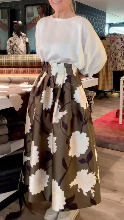 White Puff-Sleeve Blouse & Floral Bow-Waist Midi Skirt Set
