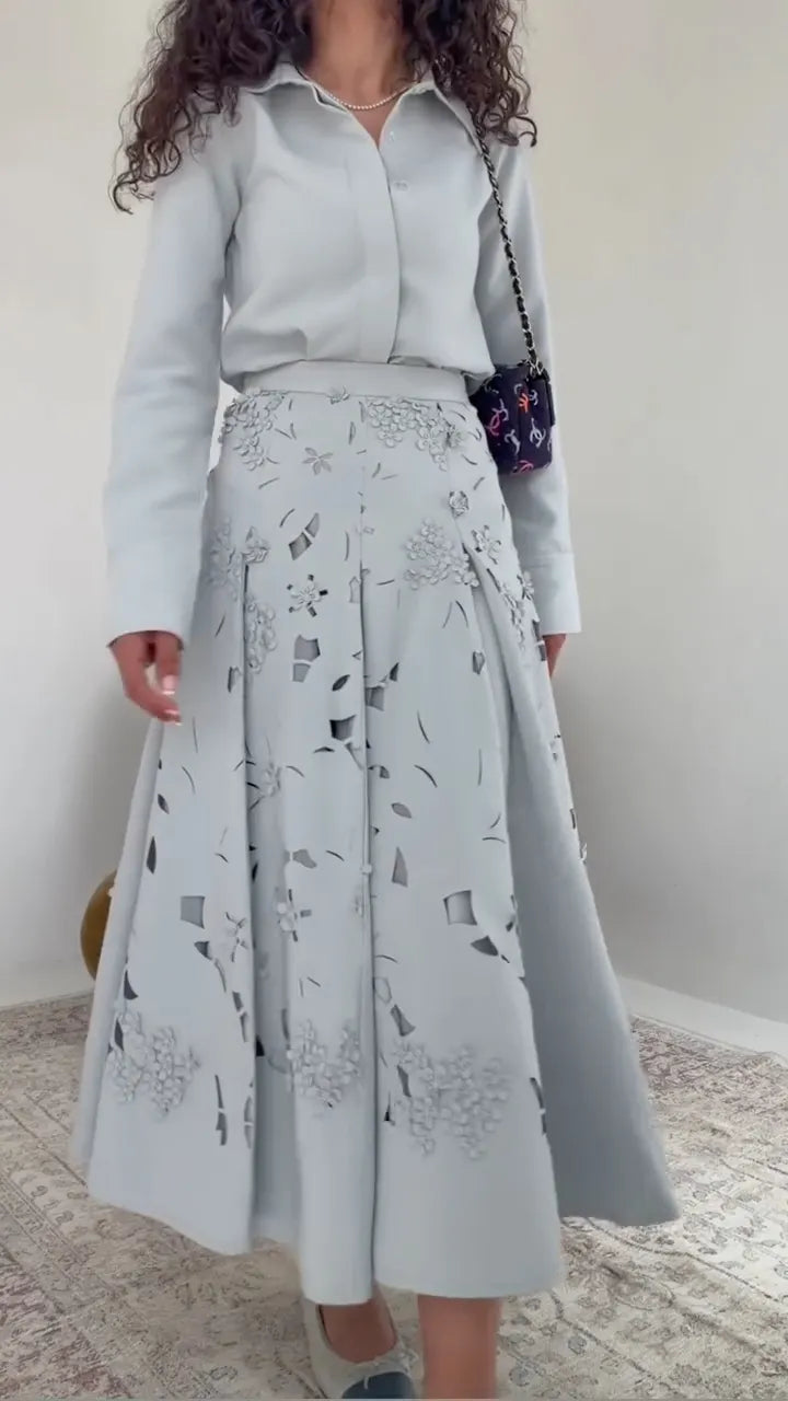 Powder-Blue Shirt & Floral A-Line Midi Skirt Set