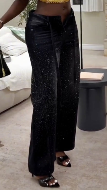 Rhinestone Embellished Wide-Leg Jeans