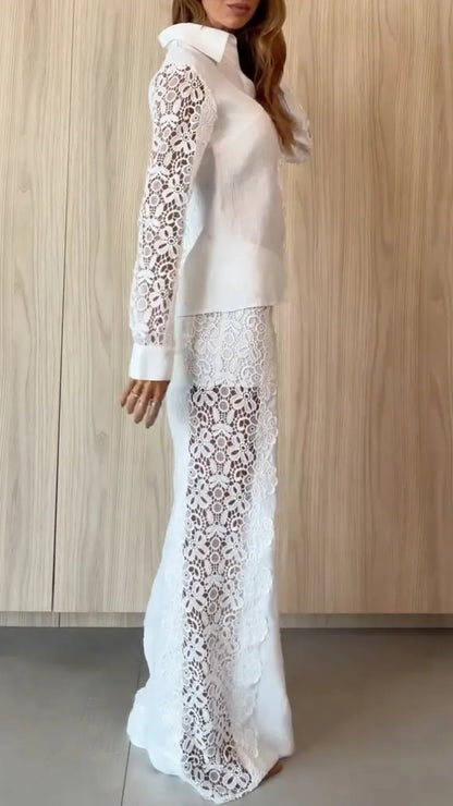White Floral-Lace Sleeve Shirt & Wide-Leg Pants Set