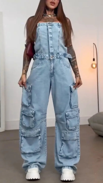 Light-Wash Strapless Cargo Denim Jumpsuit