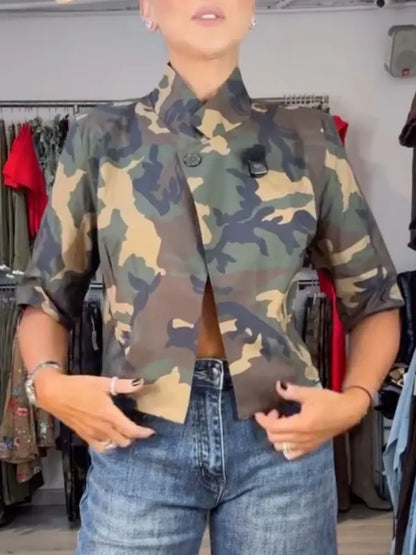 Camouflage Stand-Collar Cropped Jacket