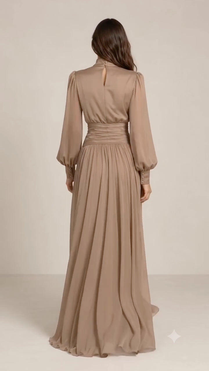 Taupe Bow-Neck Ruched-Waist Dress
