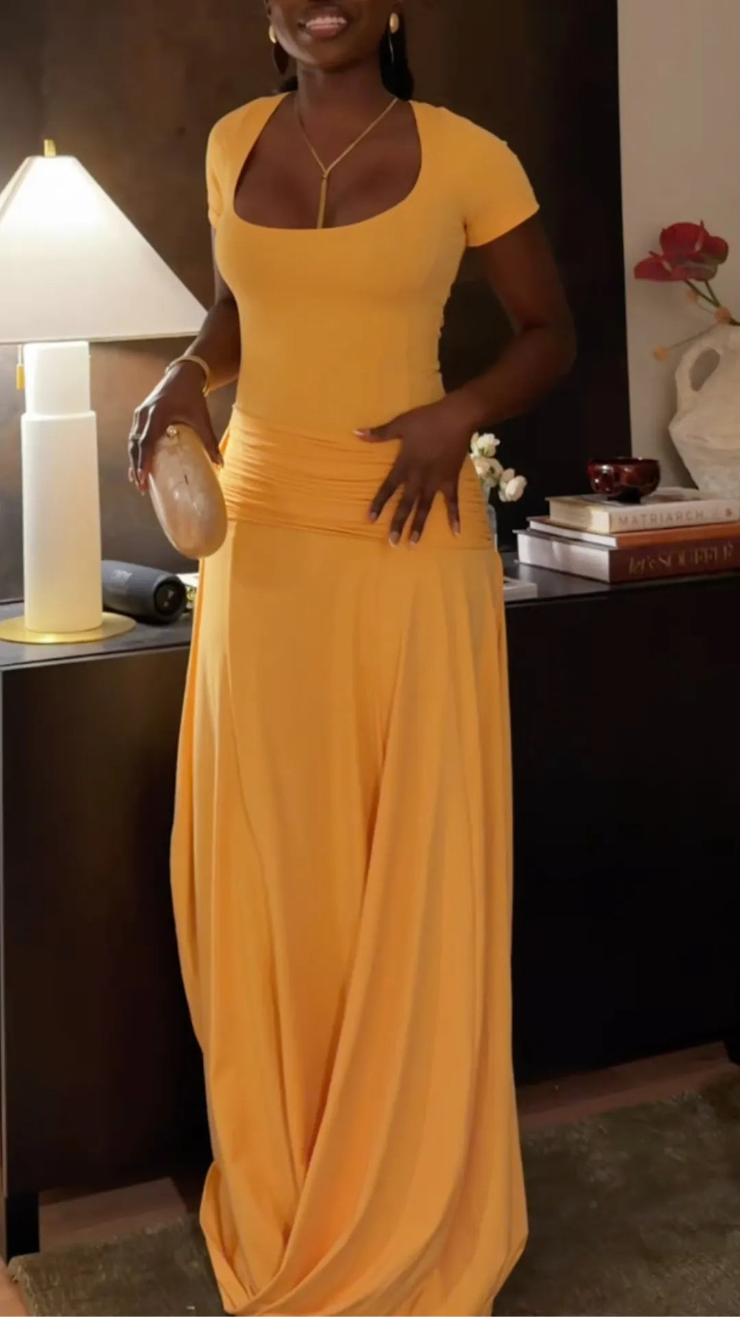 Mustard Scoop-Neck Ruched Draped Maxi Dress